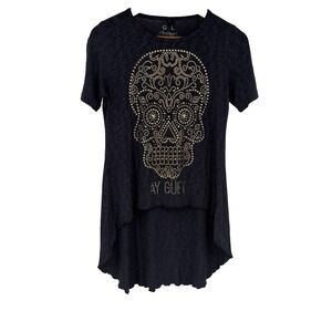 Ay Guey Women Cala Maxi Top Large Blue Gray Studded Sugar Skull High Low Stretch